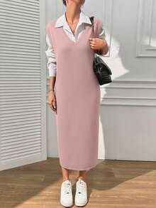 EURMUSE V Neck Sleevless Midi Dress With Slit - Dusty Pink - View 2