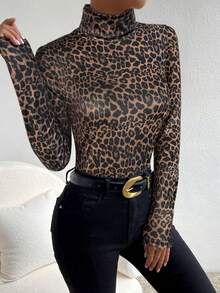 SHEIN Frenchy 女士豹纹高领修身长袖T恤，适合日常穿着、休闲和度假，欧洲度假必备 - 棕色 - 查看 3