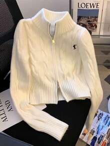 Resyla 女士休闲纯色拉链开衫，百搭秋冬装 - 米色 - 查看 1