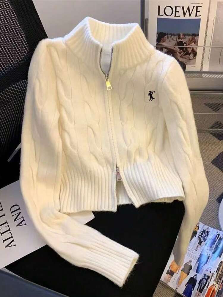 Resyla Cardigan Casual Feminino de Cor Sólida com Zíper, Versátil para Outono/Inverno - Bege - Visão 1