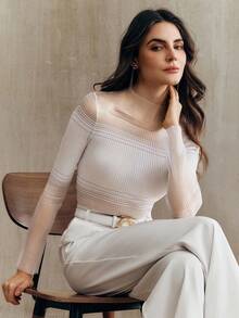 Anewsta Bộ áo thun dài tay cổ lọ màu tương phản và quần short cho nữ - trắng - Xem 7