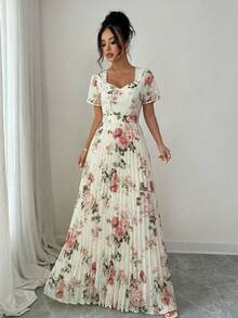 SHEIN Elenzya 优雅印花荷叶边A字连衣裙，心形领口和收腰设计，浪漫精致，适合花园派对 - 彩色 - 查看 3