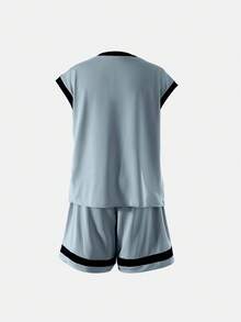 SHEIN Genkimix Kids 男童休闲运动日常宽松圆领短袖字母印花T恤和松紧腰宽松字母印花短裤两件套，男童篮球服，夏季 - 藍色 - 查看 2