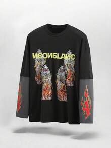 NEON BLANC Men's Graphic T-Shirt With Patchwork Design, 2 In 1 Style, Long-Sleeved, Street Fashion, Crew Neck Long-Sleeved Top - Multicolor - View 1