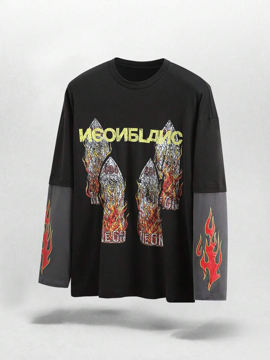 NEON BLANC Men's Graphic T-Shirt With Patchwork Design, 2 In 1 Style, Long-Sleeved, Street Fashion, Crew Neck Long-Sleeved Top - Multicolor - View 1