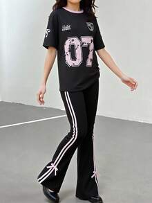 Sparklyn 青少年女孩百搭街头运动针织T恤搭配蝴蝶结+阔腿裤运动服套装 - 黑色 - 查看 3