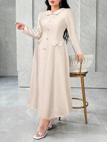 Feyla 1件女士优雅纯色纽扣设计长袖连衣裙 - 杏色 - 查看 3