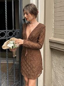 SHEIN Frenchy Women's Brown Textured Deep V-Neck Long Sleeve Short Dress Spring - Brown - View 4