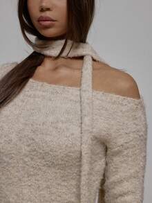 MUSERA 单肩长袖蓬松针织修身长款连衣裙，围巾细节设计，秋冬街头风酷女孩Y2K日常休闲复古风 - 杏色 - 查看 6