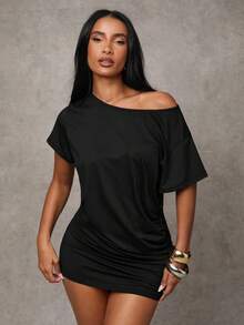 SHEIN BAE 夏季不对称领口连衣裙/棕色迷你裙，适合派对/海滩度假/夏季旅行/海岛度假/女士生日礼服 - 黑色 - 查看 7