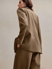 Anewsta Conjunto de traje de negocios de inspiración vintage para mujer - Blazer y pantalones de pierna ancha - Caqui - Ver 8