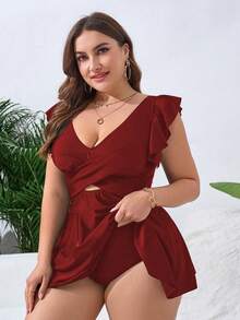 Swim Lushoire 大码女式V领荷叶边袖口交叉裹身式泳衣连衣裙 - 酒紅色 - 查看 3