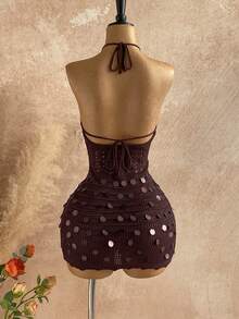 Soleia 全新休闲度假西部海滩婚礼宾客服装毕业早午餐圣帕特里克节春假复活节音乐节优雅波西米亚热带优雅红棕色串珠流苏装饰金属蝴蝶结针织纹理女式毛衣连衣裙 - 棕色 - 查看 2