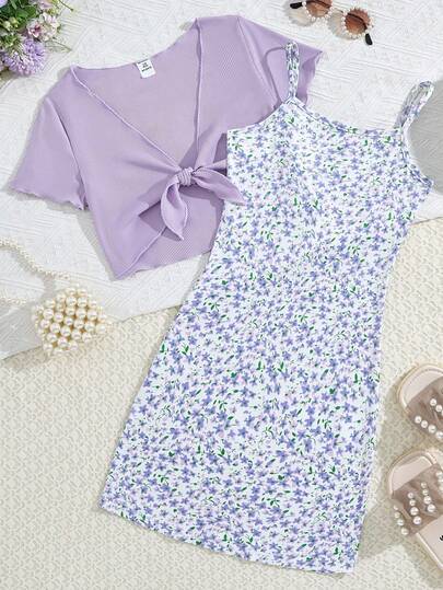 SHEIN Tween Girl Summer Casual Vacation Lettuce Trim Knot Front Top And Ditsy Floral Cami Dress 2-Piece Set