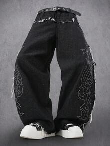 Manfinity Denimwave Quần Jeans Denim Đen Thêu Rách Vá Thời Trang Đường Phố Thường Ngày Cho Nam - màu đen - Xem 3