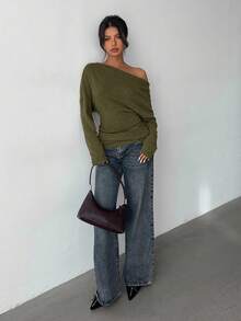 Aloruh Áo thun nữ dáng ôm cổ bèo nhún màu trơn, thoải mái khi đi làm hàng ngày, mùa xuân/thu - xanh quân đội - Xem 3