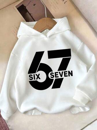 Sweat-shirt-shirt décontracté pour préadolescent avec numéro "67" et lettres "Six Sept", Sweat-shirt-shirt à manches longues blanc, vêtements d'hiver