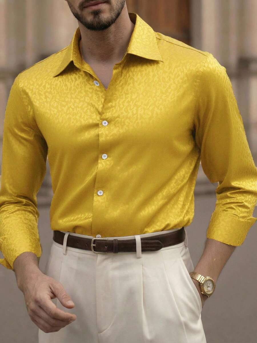Manfinity Mode 男士豹纹提花个性化长袖衬衫，适合派对、宴会、商务休闲场合；猎豹纹男士衬衫；男士奢华衬衫；男士柠檬黄衬衫；黄色正装衬衫 - 金色 - 查看 1