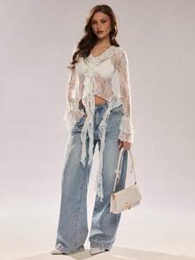 Glamine 女士优雅白色蕾丝透视喇叭袖荷叶领系带流苏轻薄外套，浪漫度假风，优雅休闲外套，蕾丝衬衫，蕾丝上衣，透视上衣，牛仔女式荷叶边上衣，透明上衣 - 白色 - 查看 1