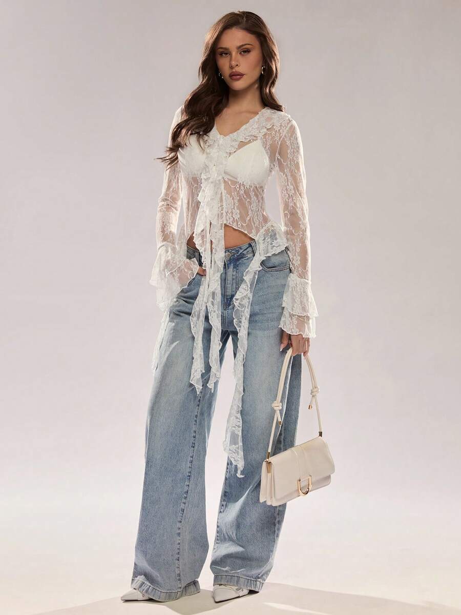Glamine 女士优雅白色蕾丝透视喇叭袖荷叶领系带流苏轻薄外套，浪漫度假风，优雅休闲外套，蕾丝衬衫，蕾丝上衣，透视上衣，牛仔女式荷叶边上衣，透明上衣 - 白色 - 查看 1