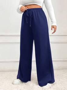 SHEIN EZwear Plus Size Navy Blue Drawstring Waist Pockets Casual Wide Leg Sweatpants - Navy Blue - View 3