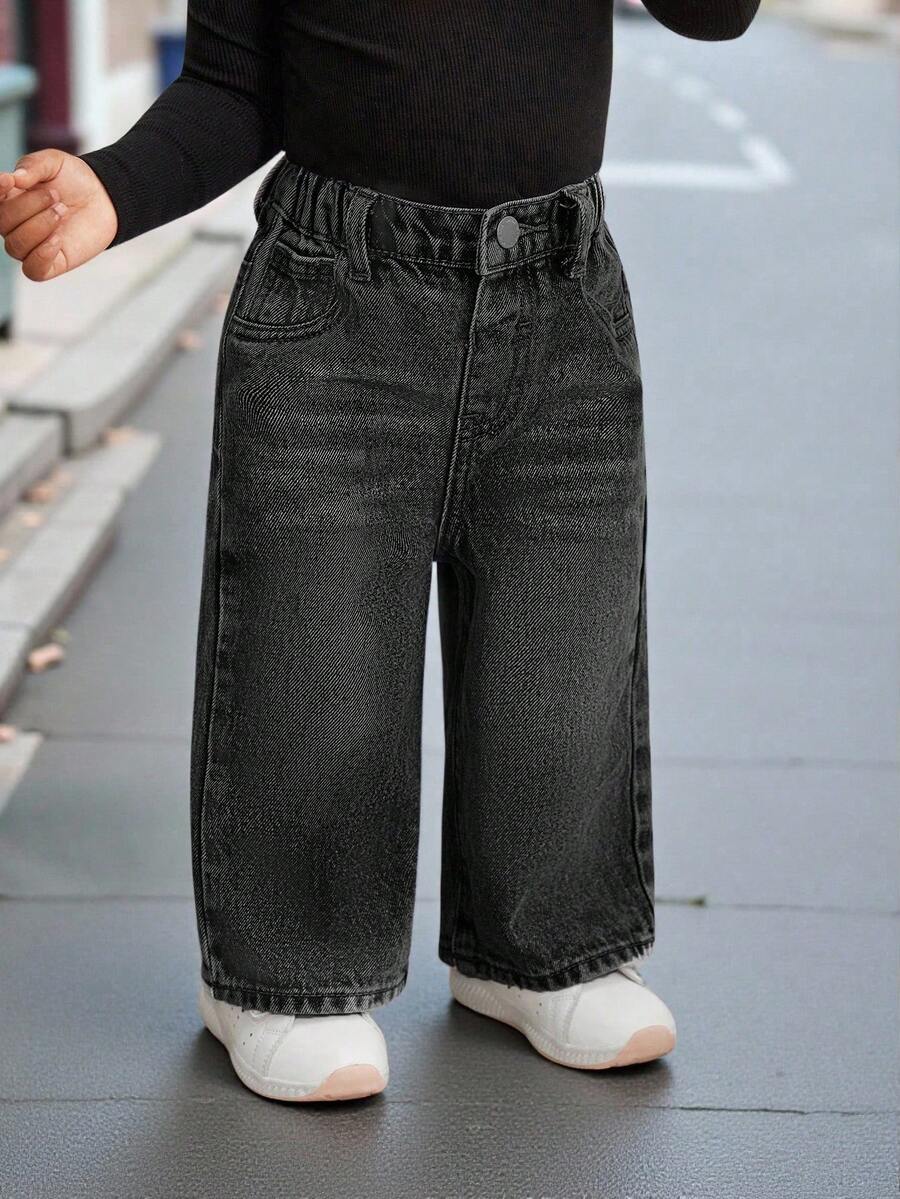SHEIN Bubblio Quần jean ống đứng rộng rãi màu xanh cổ điển cho bé gái - Xám - Xem 1
