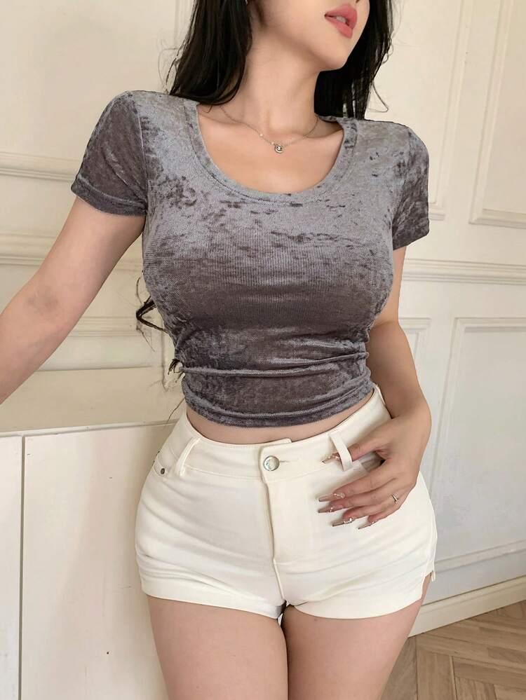 Women's Ribbed Crew Neck Fashionable Versatile Short Sleeve T-Shirt