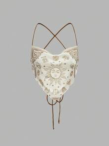 SHEIN MOD 三件套女士吊带网纱露背吊带衫，佩斯利新月印花，黑白配色——浪漫可爱Y2K风格，完美适用于度假、约会、野餐、派对、舞会、节日和生日等场合。 - 彩色 - 查看 5