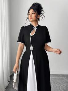 Elenzga Đầm dự tiệc tay ngắn thanh lịch, thắt eo khoét nút màu cỡ lớn dành cho nữ - màu đen - Xem 6