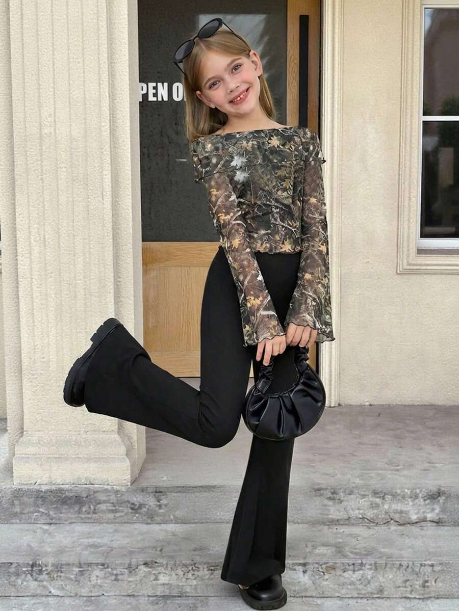 SHEIN 少女网纱露肩喇叭长袖短款上衣搭配纯黑色喇叭裤两件套,休闲优雅,适合日常穿着,秋冬季节也适用。 - 軍綠色 - 查看 1