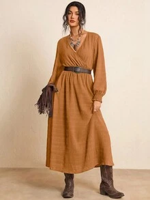 Freevana Plus Size Fall Clothes All Over Print Shirred Leopard Long Sleeve Dress/Fall Dresses/Fall Women Outfits Fall Wedding Guest Dress Elegant Women Dresses Business Casual Woman Work Dress Business Dress - Brown - View 5