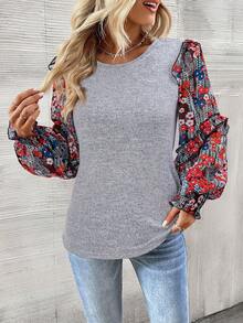 SHEIN LUNE 女士印花拼接灯笼袖宽松衬衫 - 灰色 - 查看 4