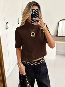 Siren Gaze Damen einfarbiger, vielseitiger Rollkragen-Kurzarm-Strickpullover für Herbst/Winter - Kaffeebraun - Übersicht 4