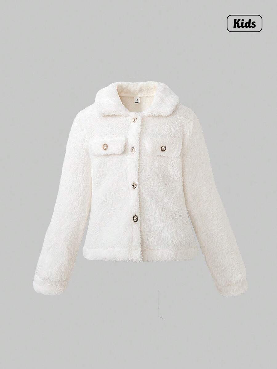 Sweetra Tween Girl Clean Long Sleeve Furry Collar Jacket - White - View 1