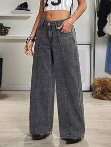 Jeanoix 女士复古直筒宽松休闲时尚百搭中腰牛仔裤 - 黑色 - 查看 4