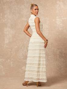 Lumalex 女士美人鱼连衣裙，荷叶边高领，收腰设计，超大喇叭裙摆 - 杏色 - 查看 8