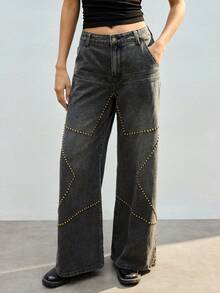 Maija Jeans anchos y sueltos de moda casual para mujer con decoración de remaches y estampado de estrellas - Negro - Ver 5