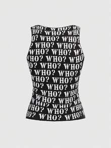 J-Fashion Sweet & Cool Baddie 谁？图案 V 领修身背心 - 黑色 - 查看 2