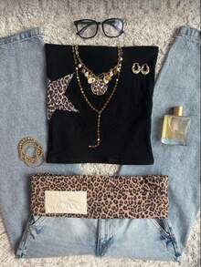 Glimmora Women's Fashionable Leopard Print & Star Pattern Fitted Tube Top, Summer - Black - View 1