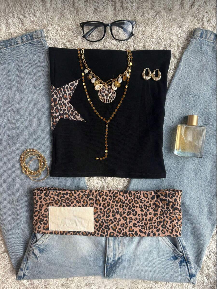 Glimmora Women's Fashionable Leopard Print & Star Pattern Fitted Tube Top, Summer - Black - View 1