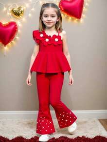 2件套 女童节日红色3D立体花朵珍珠装饰吊带背心+喇叭裤，适合生日、度假、派对、春夏穿着 - 紅色 - 查看 2