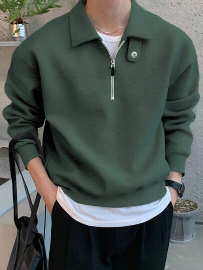 DAZY 男士纯色 Polo 领可调节纽扣套头衫卫衣，秋冬款