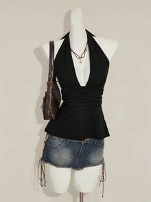 SHEIN ICON Regata Feminina Decote V Profundo Franzida Sexy Moda Halter de Cor Sólida - Preto - Visão 6