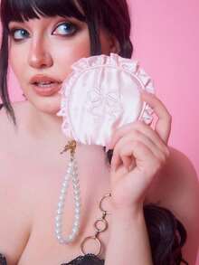 ROMWE Kawaii 1pc Butterfy Embroidery Seashell Ruffle Coin Purse, Portable Makeup Jewelry Storage Pouch, Traveling Accessory With Pearl Decor Gift - Pink - View 4