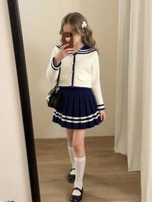 Navy Blue School Girl 2pcs Set, Autumn Back-To-School Outfit, Knitted Cardigan With Sailor Collar And Pleated Skirt, Japanese School Uniform For Young Girls - Royal Blue - View 5