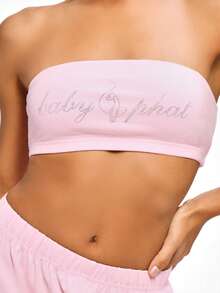 BABYPHAT Logo Crop Bandeau Top With Rhinestone Text Detail Strapless Summer Casual Loungewear Tube Top - Baby Pink - View 5