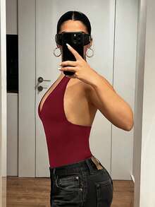 SHEIN ICON 性感Y2K深V领金属色连体衣，纯黑色 - 酒紅色 - 查看 6