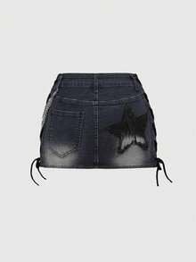 ROMWE J-Fashion Y2K复古低腰撞色英文字母印花红色牛仔迷你裙（女款） - 灰色 - 查看 2