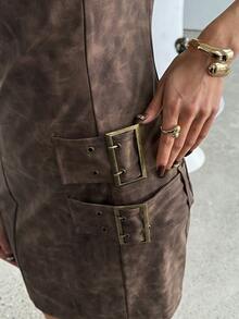 Lavishia 女士时尚PU性感复古抹胸迷你连衣裙，适合夏季母亲节、毕业典礼、夏季穿着。 - 棕色 - 查看 8