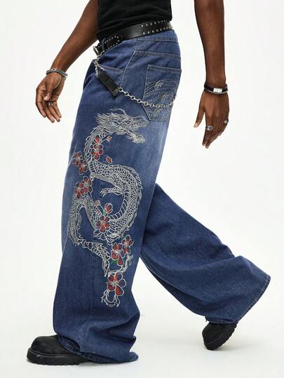 Street Life Jeans amples et décontractés à jambe large avec motif de dragon chinois pour hommes